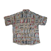 Vintage 90s grey pink green abstract pattern short sleeve rayon shirt size XL